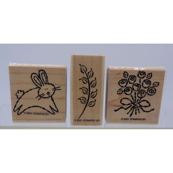 Vintage 2001 Stampin' Up! Rubber Spring/ Easter Stamp Set of 3 - Bunny & Plants - Picture 1 of 2